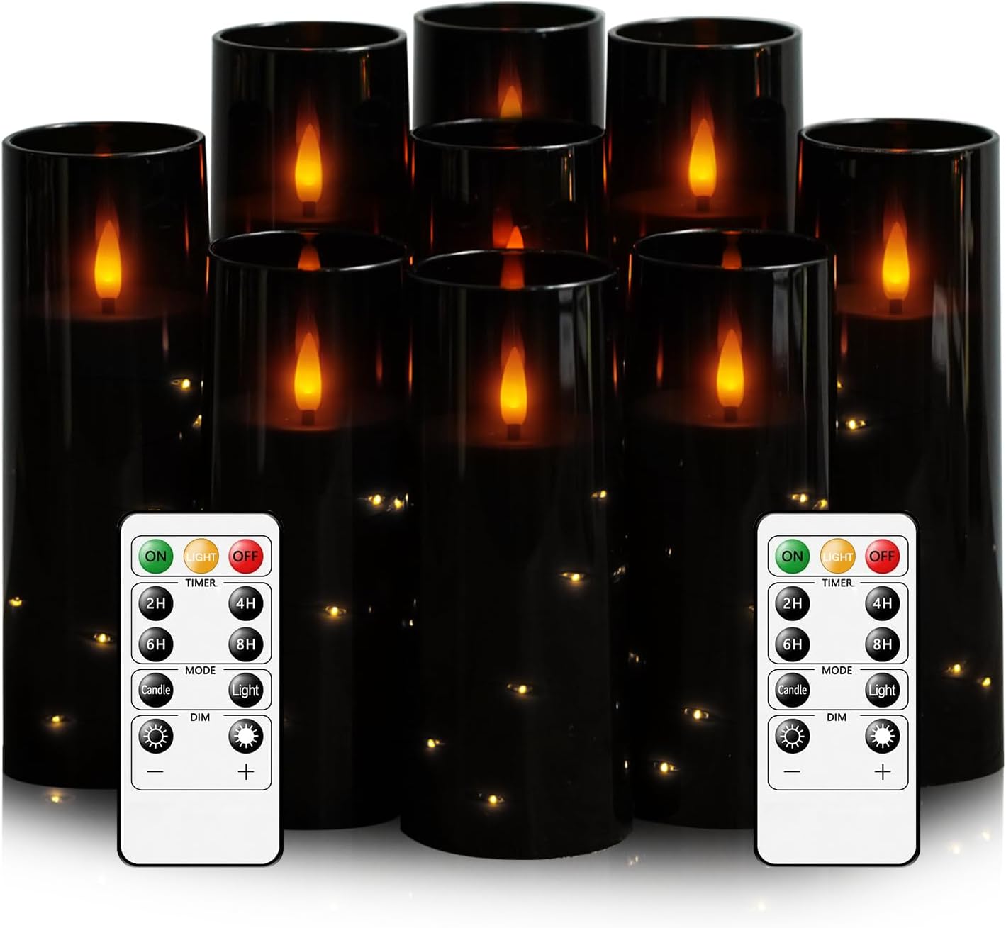 Flameless LED Candles with Timer 9 Pc Flickering Flameless Candles for Romantic Ambiance and Home Decoration Stable Acrylic Shell,with Embedded Star String,Battery Operated Candles（Black）