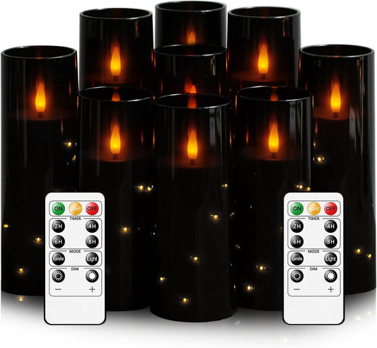 Flameless LED Candles with Timer 9 Pc Flickering Flameless Candles for Romantic Ambiance and Home Decoration Stable Acrylic Shell,with Embedded Star String,Battery Operated Candles（Black）