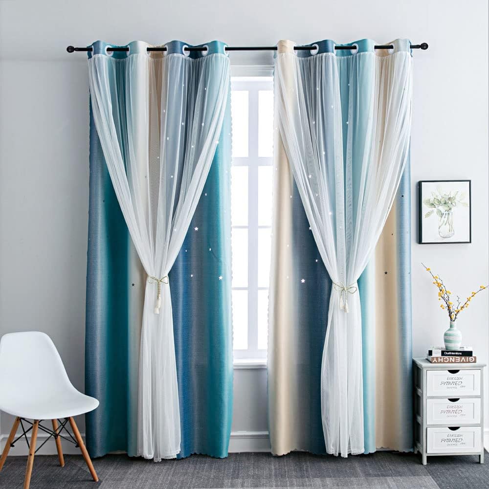 FANLI Ombre Rainbow Blackout Curtains for Kid Girls Bedroom Living Room Darking Stripe Double Layer Star Cut Out Wall Home Decor Gradient Grommet Window Curtains (Blue/Yellow, 52W x 72L)