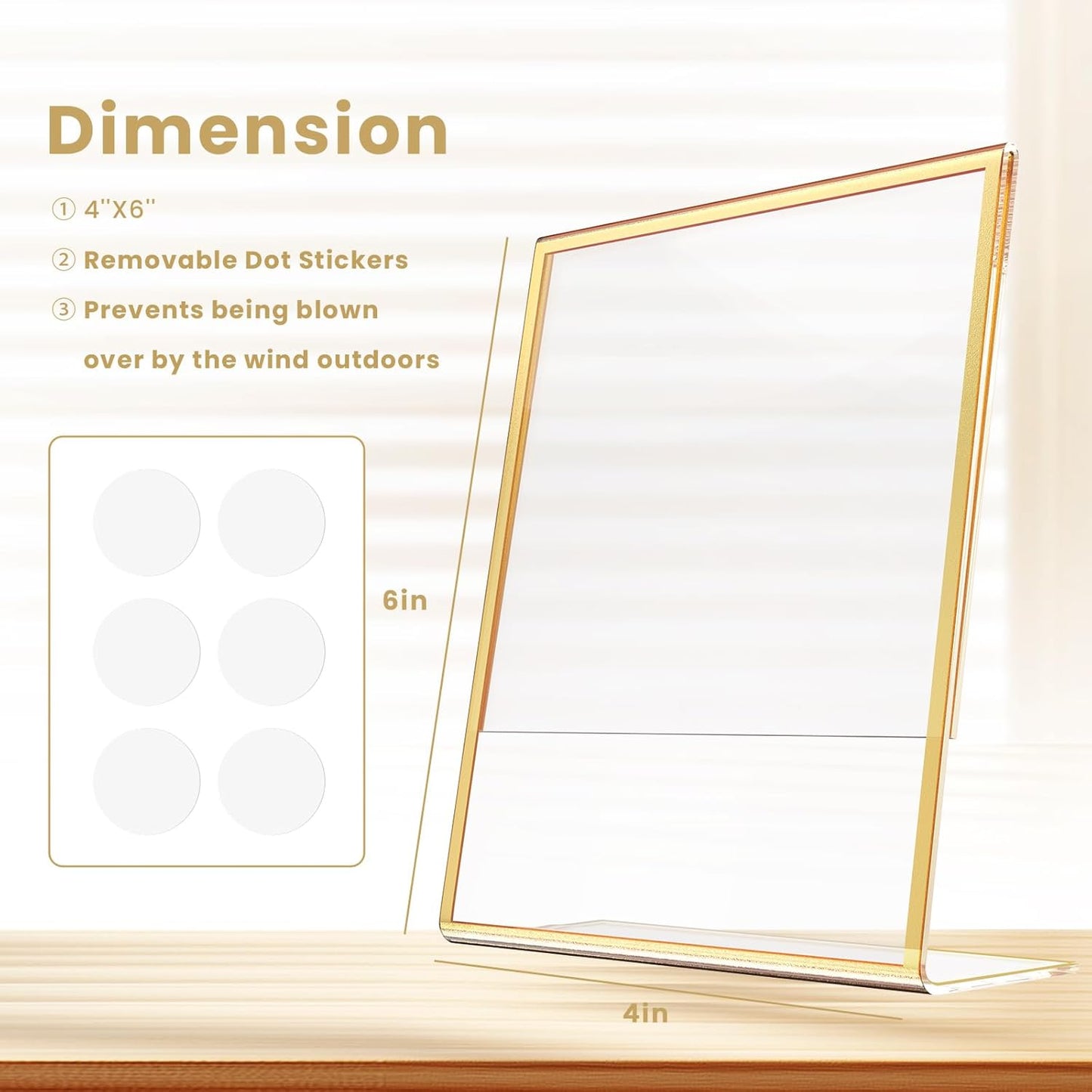 Acrylic Gold Frames 4 x 6, Slanted Back Gold Picture Frames Table Acrylic Sign Holder for Photos Wedding Table Numbers and Art Display with Removable Clear Sticky Dots,6 Pack