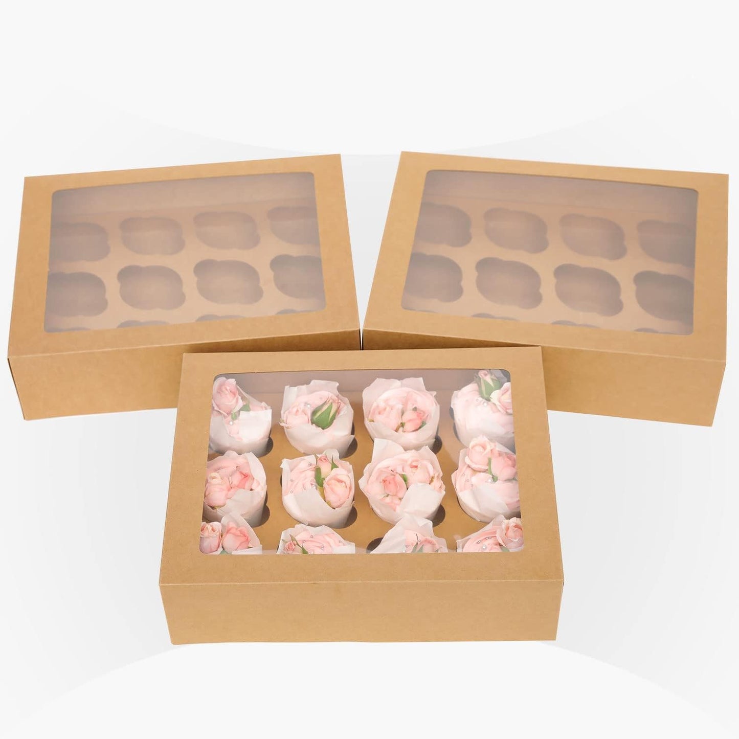 Bakepacker Auto-pop up 12 Cupcake Containers 6-Packs Brown Cupcakes Carrier, 12 Cupcake Boxes with Window 13"x10"x3.5"