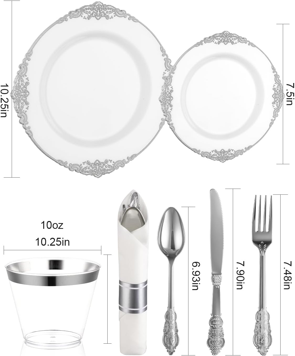 Goodluck 350 Piece Silver Plastic Dinnerware Set for 50 Guests, Fancy Disposable Plates, Include: 100 Silver Rim Plastic Plates, 150 Silverwares, 50 Pre Rolled Napkins, 50 Cups for Party, Wedding