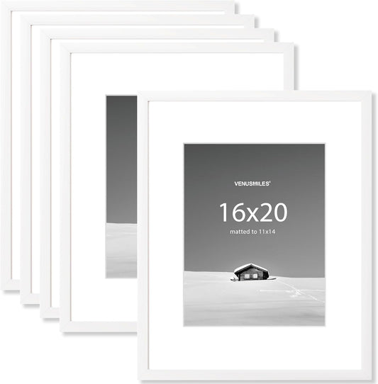 16x20 inch Picture Frame, 16x20 Photo Frames with 11x14 Removable Mat - High Definition Plexiglass - Vertical and Horizontal Display - Wall Hanging Frame - White, 5 Pack