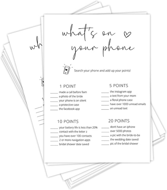 Bridal Shower Games, What's On Your Phone, 25Pcs Minimalist White Double-Sided Bridal Game Cards, Wedding Shower Games for Guests, Engagement Bachelorette Party Supplies - A17
