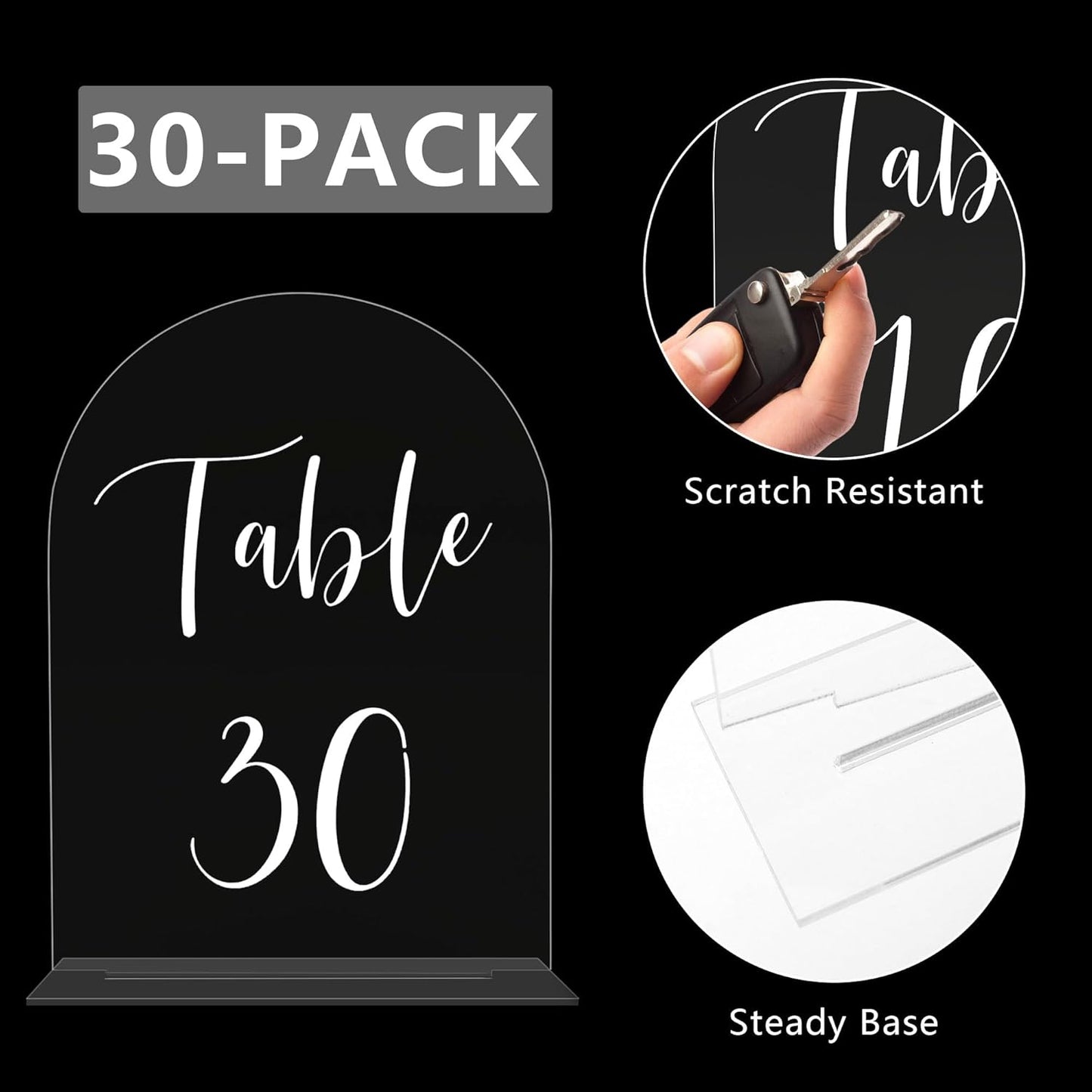 JOYIT Arch Wedding Table Numbers 1-30 with Stands – 5" X 7" Acrylic Table Signs with Clear Background White Text, Perfect Acrylic Table Numbers for Wedding Receptions, Parties, Anniversaries, and Events
