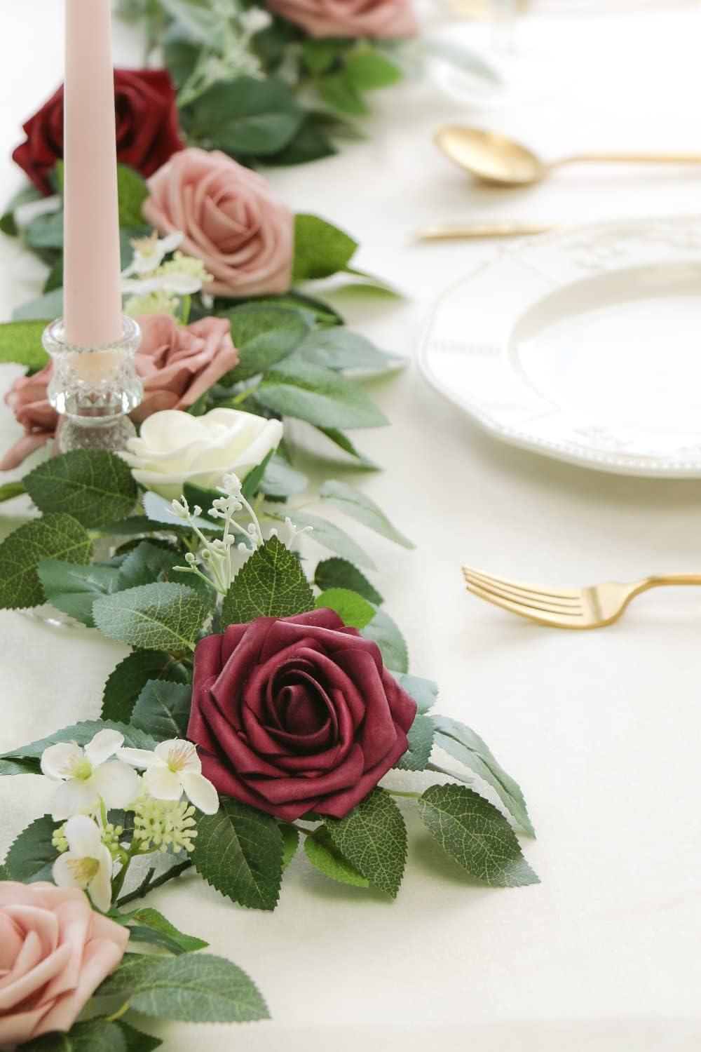 PONATIA 5FT Burgundy Artificial Flowers Garland, Dusty Rose Flowers Garland for Wedding Ceremony Garlands Backdrop Arch Flowers, Table Christmas Decorations (Burgundy & Ivory)