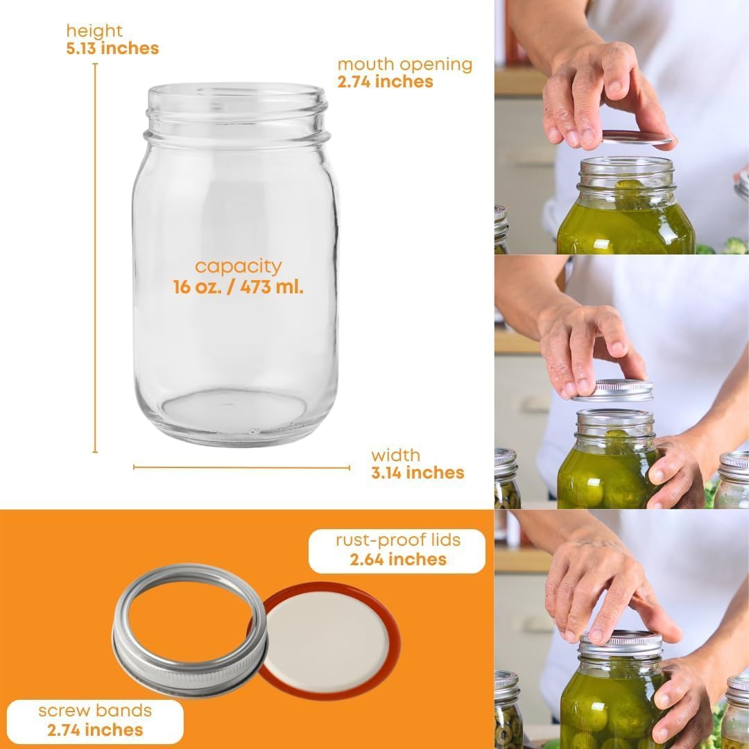 FastRack Regular Mouth Mason Jars 16 oz with Airtight Lids – Pack of 4 | Empty Glass Canning Jars for Food Storage, Fermentation, Pickling Canning, Meal Prep, Pantry Organization & Kombucha Brewing