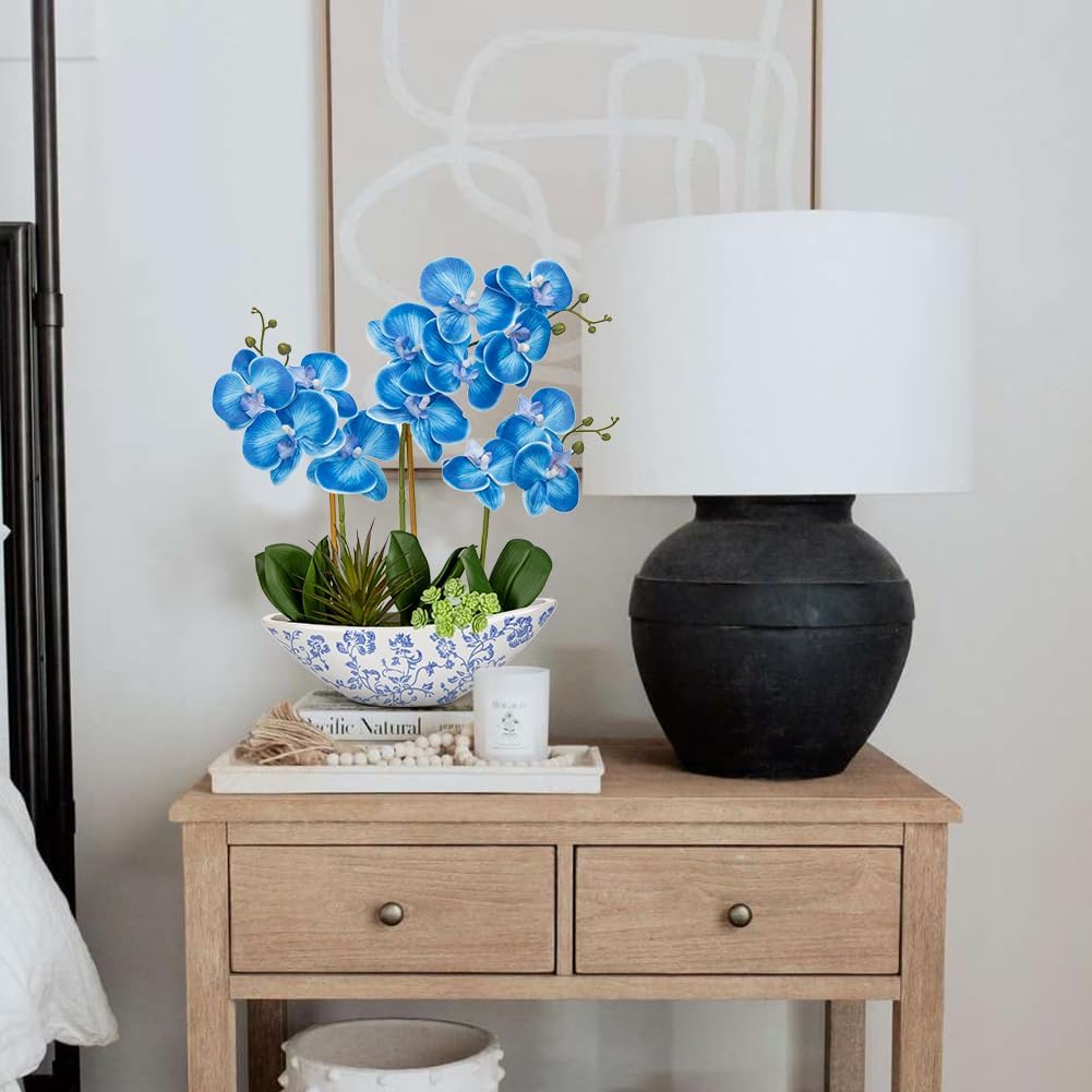 Briful Blue Orchid Fake Flowers 17in Artificial Orchid Silk Flowers in Blue and White Vase Faux Orchid Arrangement for Home Office Bathroom Table Shelf Modern Decoration