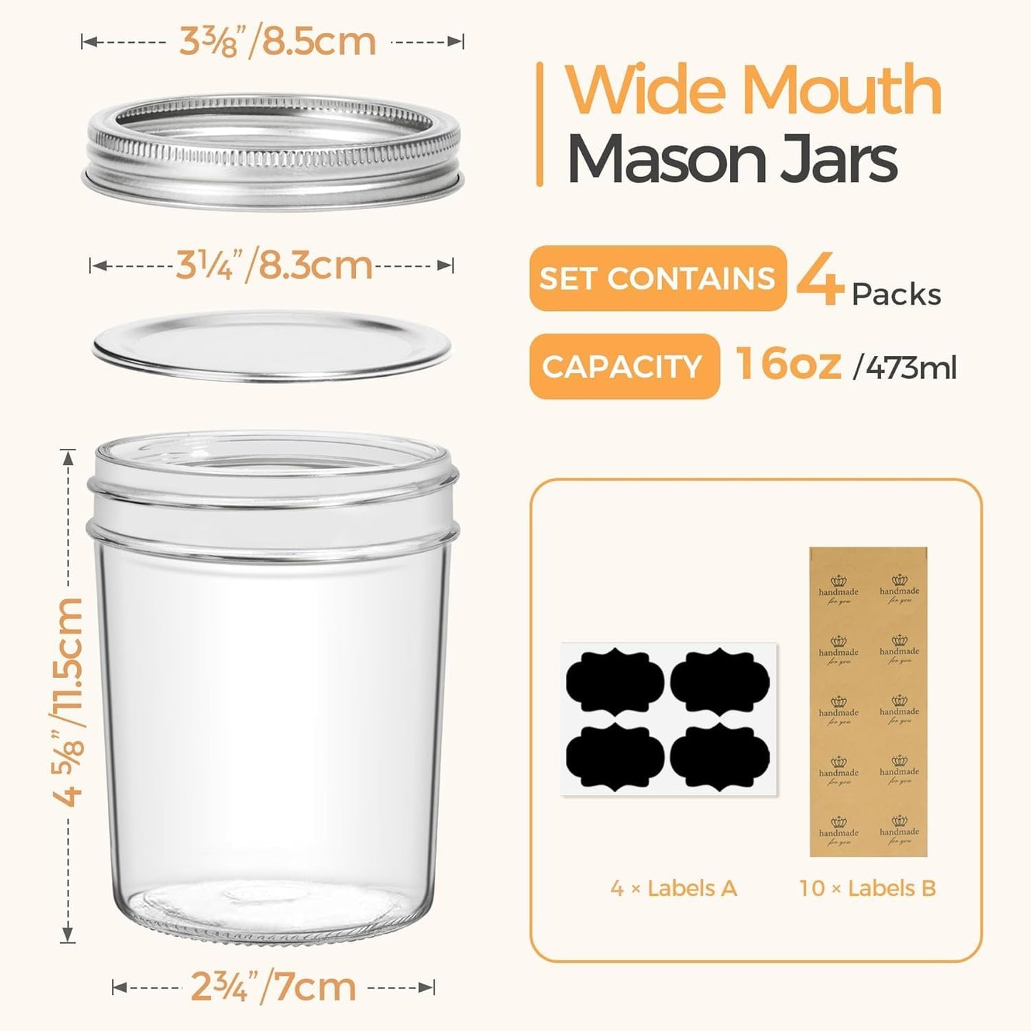 ComSaf Wide Mouth Mason Jars 16 oz with lids - 4 Pack, Pint Mason Jars with Seal Bands, Glass Canning Jars for Honey, Jam, Jelly, Coffee, Salad, Desert, Shower Wedding Favors, DIY Candles Decor
