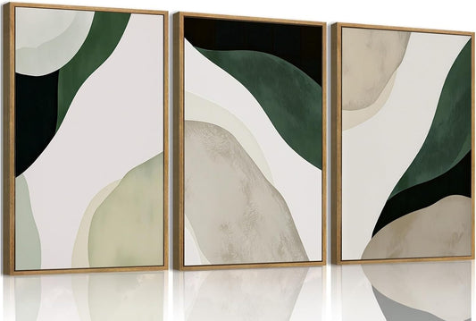 myusuar 3 Piece Large Modern Abstract Canvas Framed Wall Art For Living Room, Green Black White Minimalist Wall Art Decor Posters Prints For Bedroom Office 16x24in