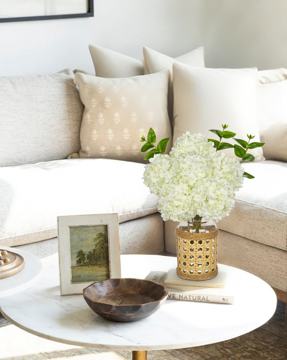 Hollyone White Hydrangea Artificial Flowers in Woven Glass Vase with Faux Water Silk Hydrangeas Fake Flowers Floral Arrangement for Home Indoor Bathroom Kitchen Office Table Centerpiece Shelf Decor