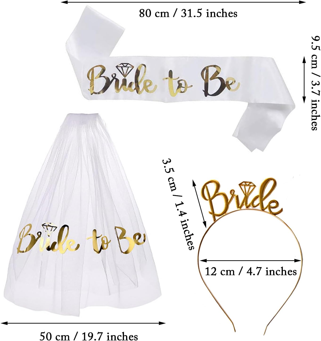 3 Pack Bride to Be Decorations Set, Bride to Be Sash, White Bride Veil, Bride Headband Tiara for Bachelorette Party Bridal Shower Decoration(White with Gold)