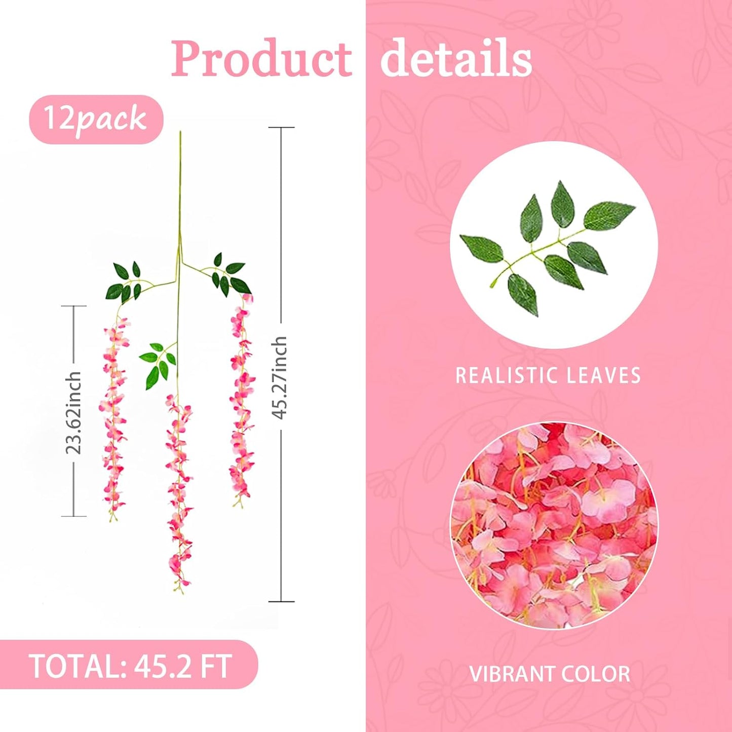 12 Pack Dark Pink Wisteria Hanging Flowers Garland, 3.77 Feet Artificial Flower Vines, Fake Wisteria, Artificial Vines Hanging Garland for Backdrop Outdoor Yard Garden Decor