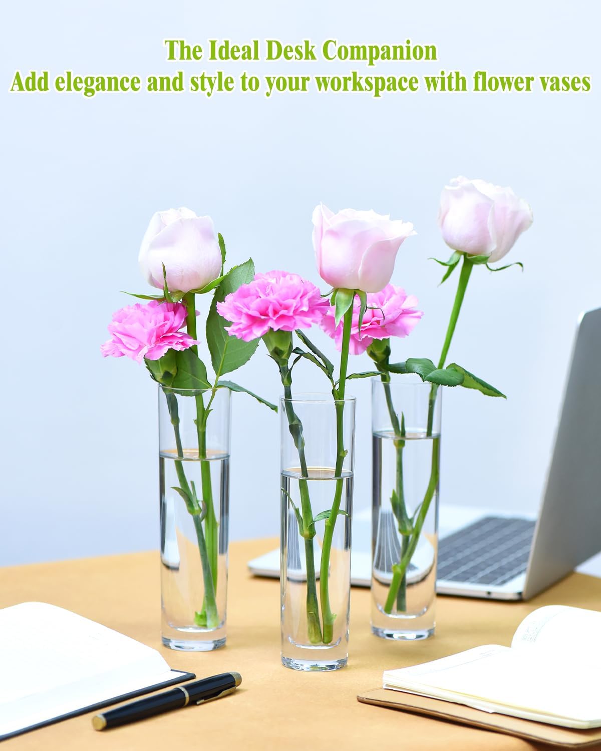 Glass Cylinder Vases for Centerpieces – Set of 16 Handmade Clear Flower Vase 7.48" Tall,Wedding Table Decor for Single Rose Bud Vases,Small Vases Home Decor,Floreros,1 Brush