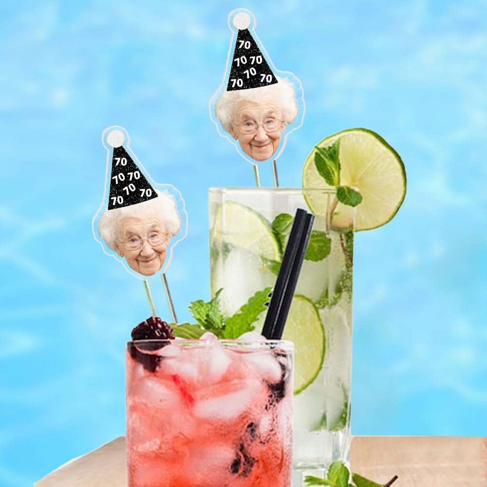 Personalized 50 Pcs Drink Stirrers With Photo Face, Custom Birthday Stir Sticks, 30th - 50th Birthday Party Decorations, 70th 80th 90th Birthday Decor, Pet Birthday Hat Cocktail Sticks DS4