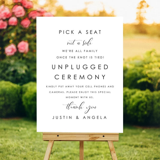 Wedding Yard Sign – Pick a Seat Not a Side + Unplugged Ceremony – Modern Minimalist Outdoor Welcome Board