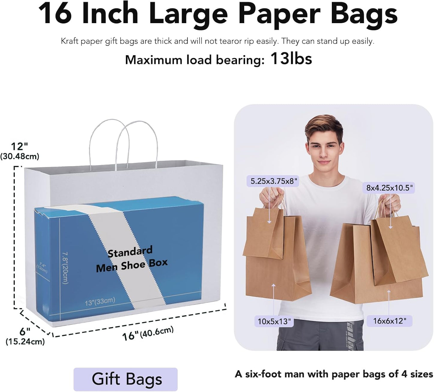 GSSUSA Large Paper Gift Bags 16x6x12'' 25Pcs White Paper Bags with Handles, Shopping Bag for Small Business, Sturdy Kraft Paper, for Boutique, Party Favor Bag, Valentine's Day Craft