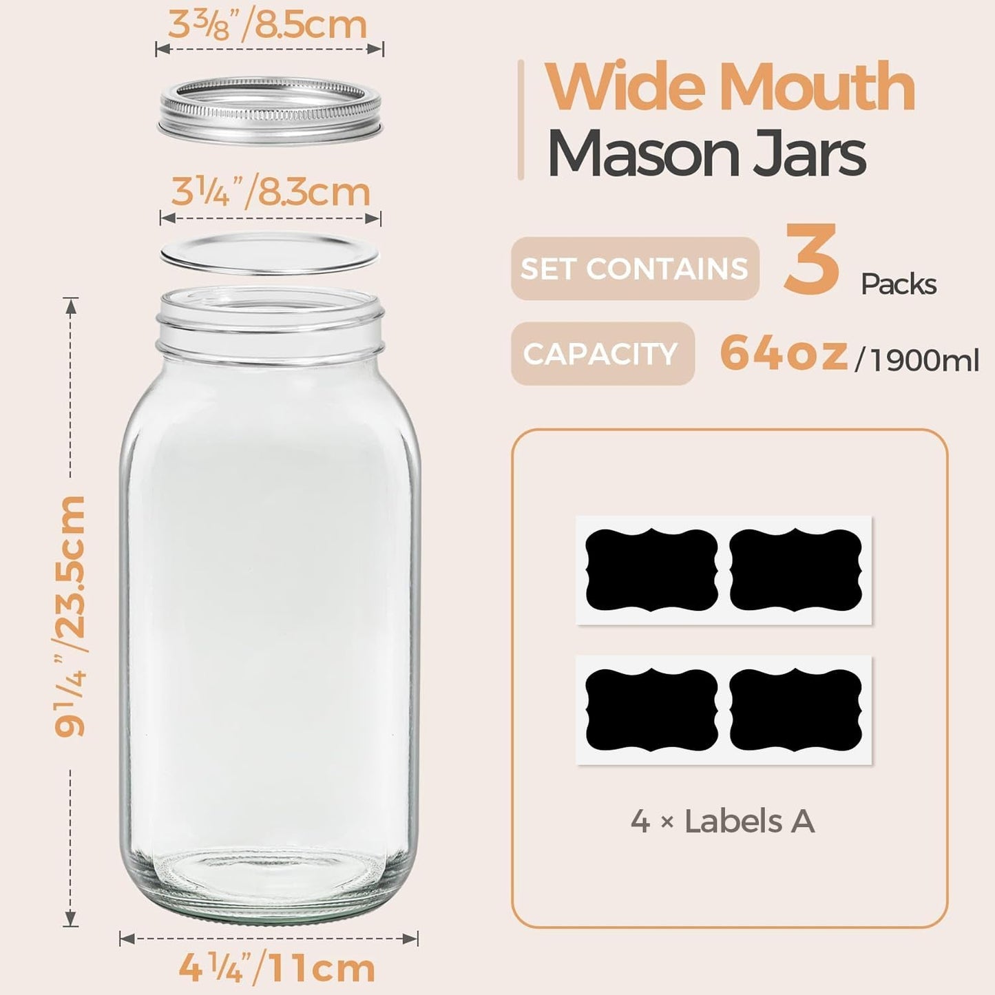 ComSaf Large Mason Jars 64oz Half Gallon 3 Pack, Wide Mouth Mason Jars with Lids and Seal Bands, Glass Canning Jars for Pickling, Jam, Jelly, Salad, Desert, Shower Wedding Favors