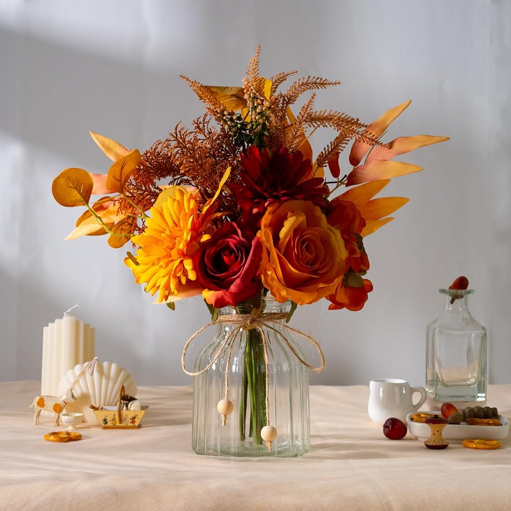 LSEING Fall Flowers Artificial with Vase for Centerpiece,Fake Silk Orange Rose Flower Arrangement in Glass Vase for Home Office Table Decoration (Orange)