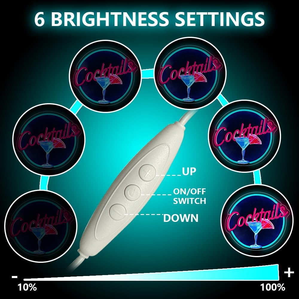 Cocktails Neon Signs for Wall Decor,UV Print Cocktails Glass LED Neon Light Up Sign for Beer Bar Art Wall Lights,Bar Party,Pub,Night Club,Man Cave Decor,Adjustable Brightness