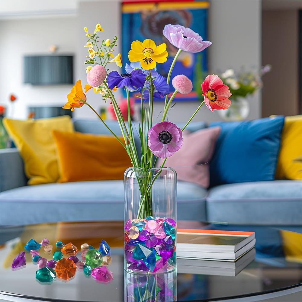 HappyFiller 130 PCS Acrylic Diamonds Fake Crystal Gems 2 Size Mixed for Swimming Pool Pirate Treasure Box Hunt Jewels,also Wedding Party Decor Table Scatters,Colored Vase Fillers