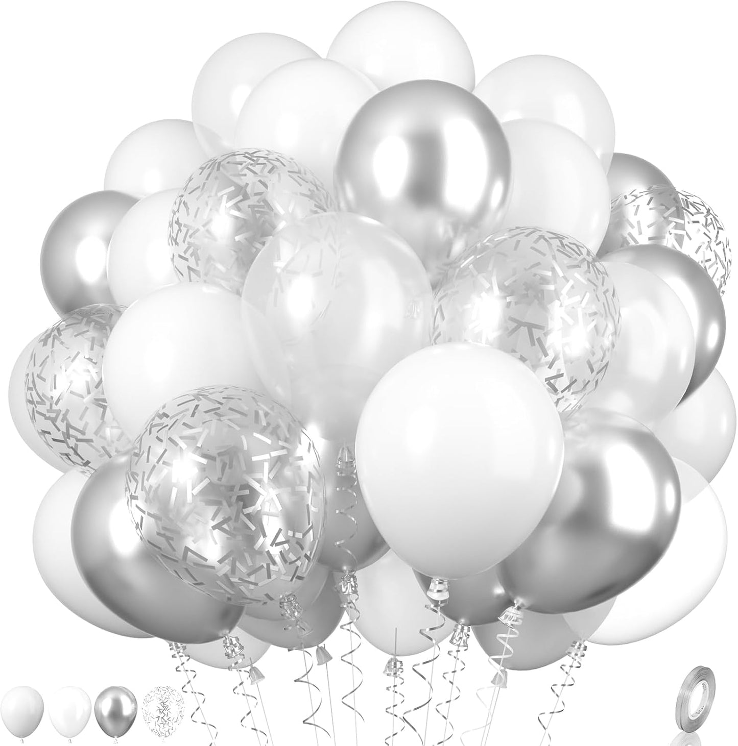 White and Silver Balloons, Metallic Silver and White Balloons Pearl White Silver Party Balloons Silver Confetti Balloons Chrome Latex Balloons for Kids Adults Birthday Wedding Baby Shower Graduation