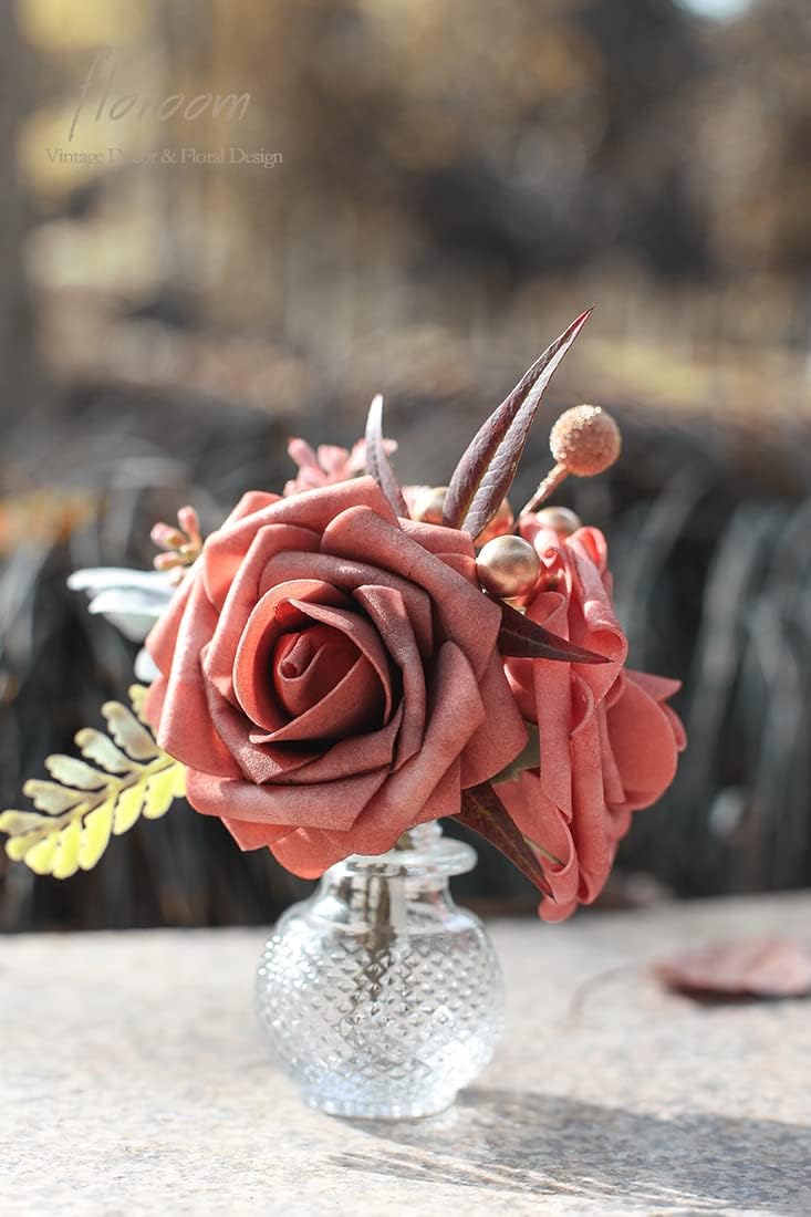 Floroom Artificial Flowers 25pcs Real Looking Dusty Cedar Foam Fake Roses with Stems for DIY Wedding Bouquets Bridal Shower Centerpieces Floral Arrangements Party Tables Home Decorations