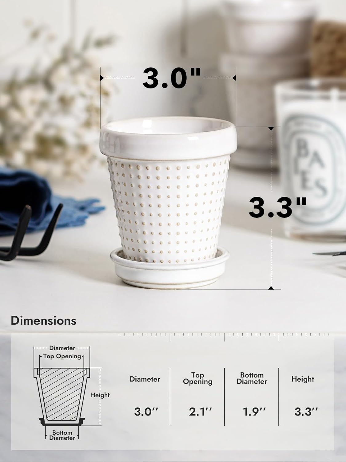 LE TAUCI 3 Inch Mini Succulent Pots - Very Small Ceramic Planter with Saucer, Tiny Embossed Flower Pots for Lithops, Mini Cactus, Air Plants, Fairy Gardens - Indoor Home Decor, Set of 4, Arctic White