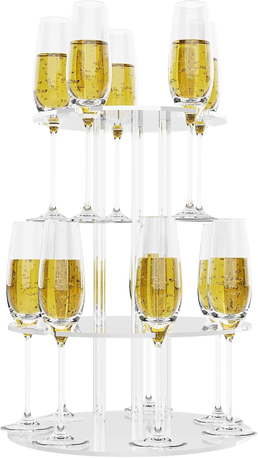 Champagne Tower, Circle Acrylic Champagne Display Rack Stand with 12 Slots, 2 Tiers Floating Sight Champagne Flute Holder for Party, Wedding, School, Celebration, 11.8x11.8x15.4 inch