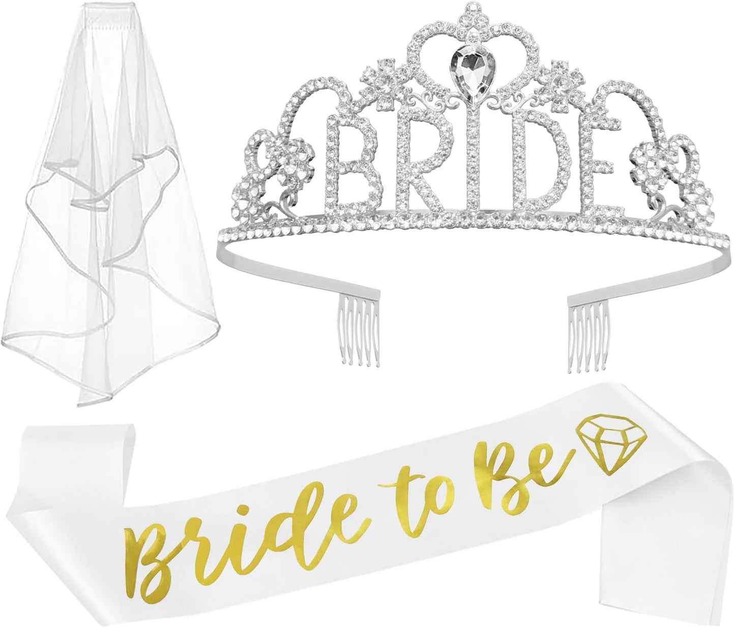 JETKONG 3 Pcs Bachelorette Party Decorations "BRIDE" Crown, Bride to Be Sash&Veil for Women Bachelorette Party Gifts, Bridal Shower Supplies, Gifts, Favors (Silver)