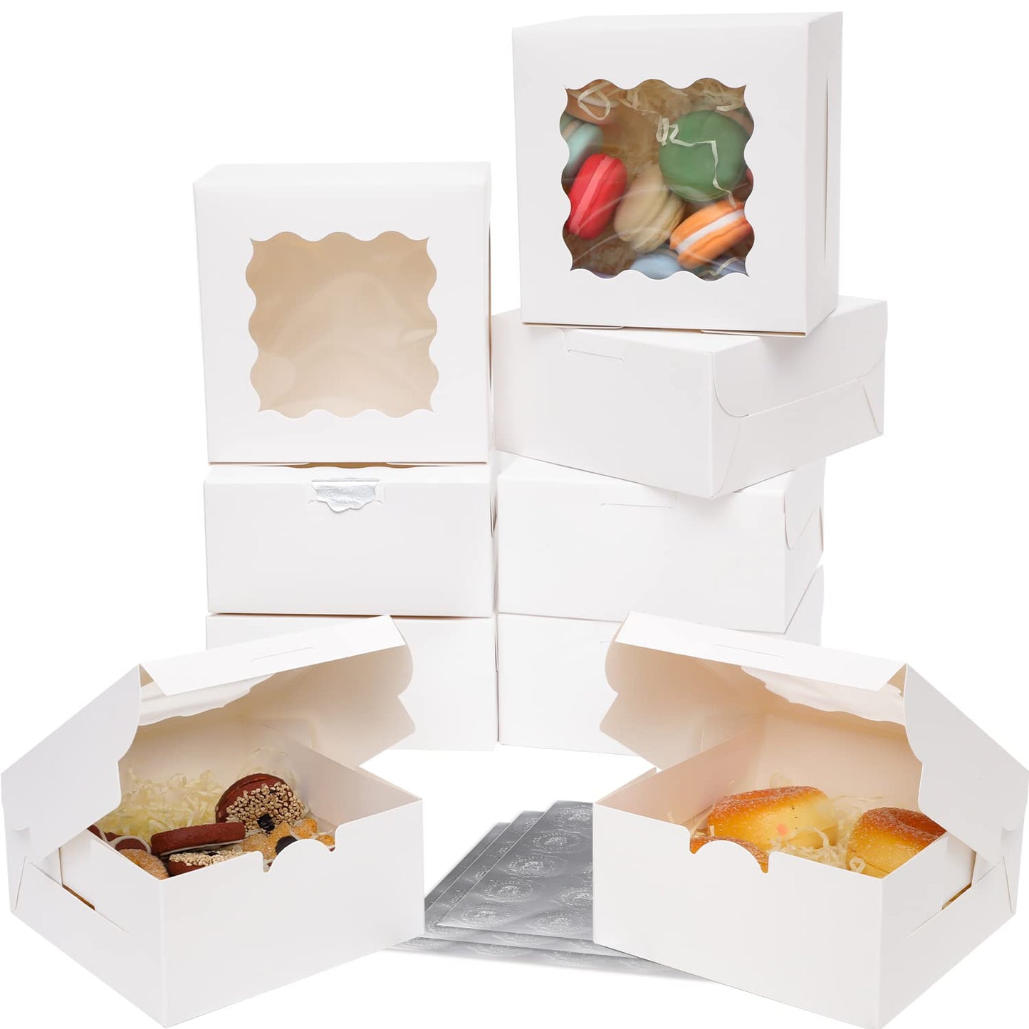 Bakepacker 60pcs White Bakery Boxes with Window 6x6x3 inches Thick & Sturdy Macaroon Pastry & Cookie Boxes
