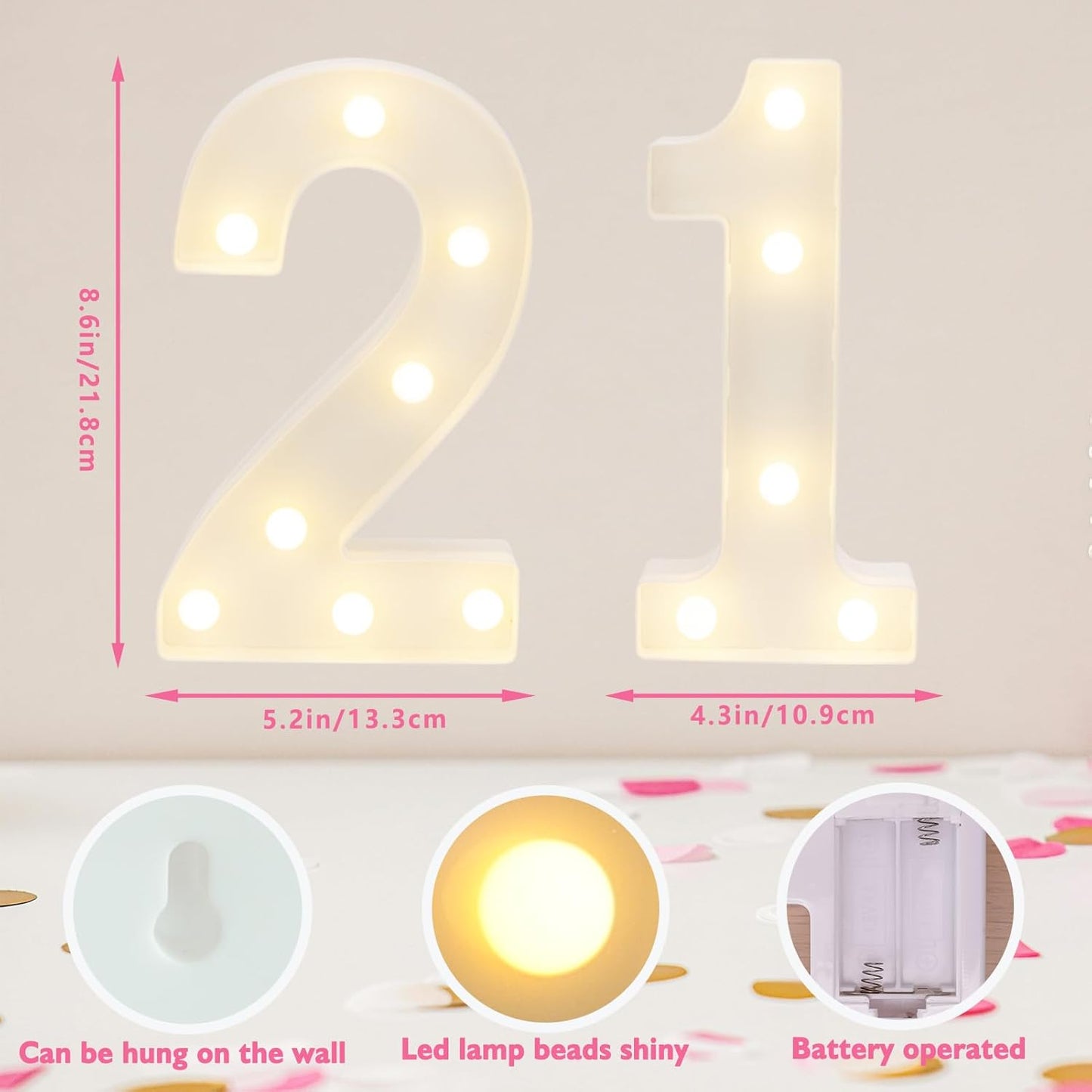 Decorative Led Light Up Numbers, 21th Birthday Decorations, Warm White Led Numbers Lights, Lighted Marquee Number Sign for Sweet 21th Party Decor