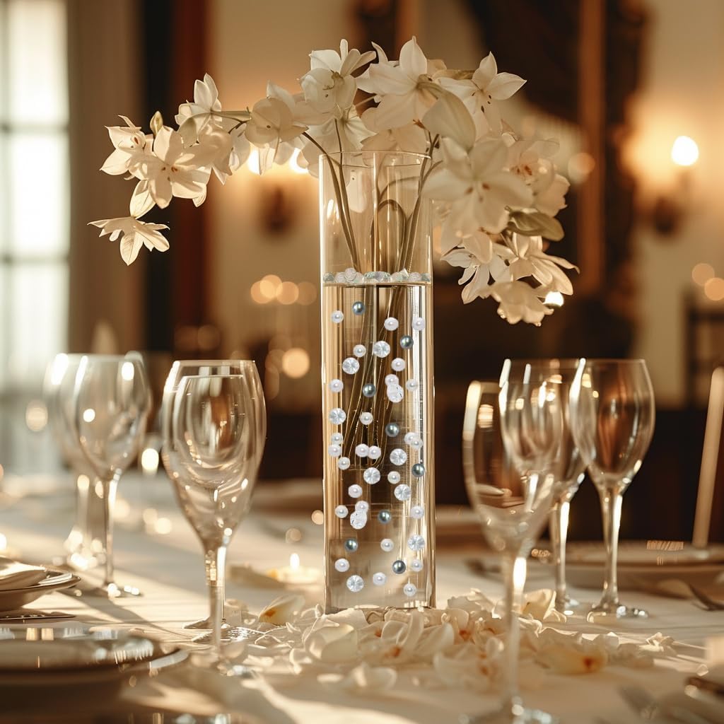 HappyFiller 1075 PCS Floating Pearl Beads,Marbles for Vases Fillers,Wedding Centerpiece,Ivory Faux Pearls Fake Crystal Diamonds and 10g Clear Water Beads,Table Scatters,Party Decoration 14 OZ