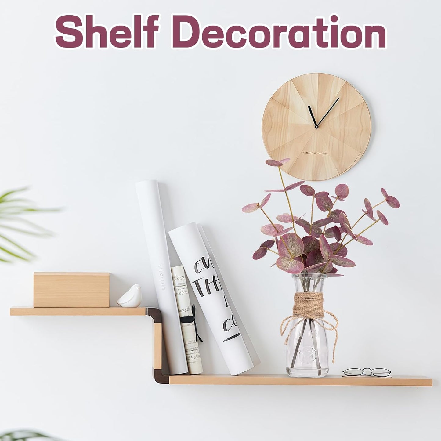 Artificial Eucalyptus Stems in Glass Vase with Faux Water, 15" Small Bathroom Greenery with Double-Sided Red Leaves, Farmhouse Office Decor, Realistic Fake Plant Wedding Centerpiece