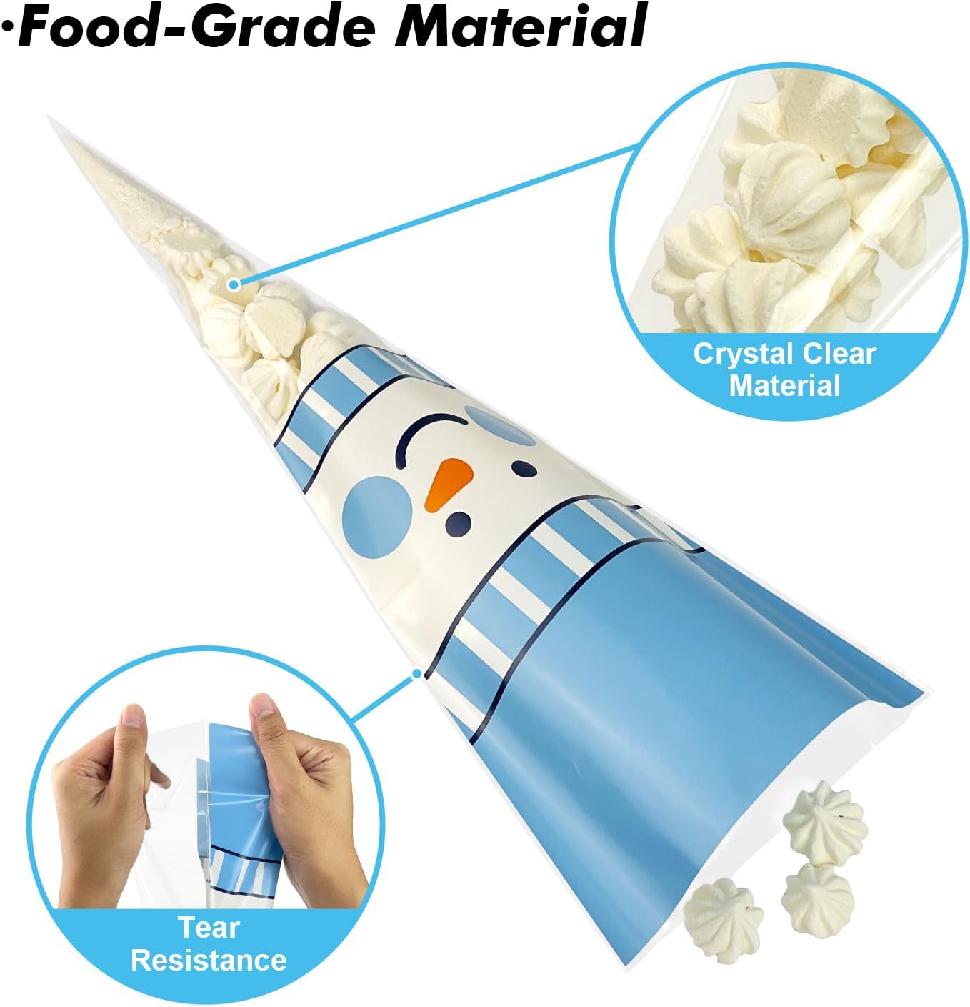 EKAPACKAGING 50Pcs 7x15 Inches Snowman Print Cone Shaped Treat Bags with Ties, Christmas Clear Cellophane Bags, Party Favor Bags for Popcorn, Cookies, Cotton Candy, Gift, and Pretzel Rod