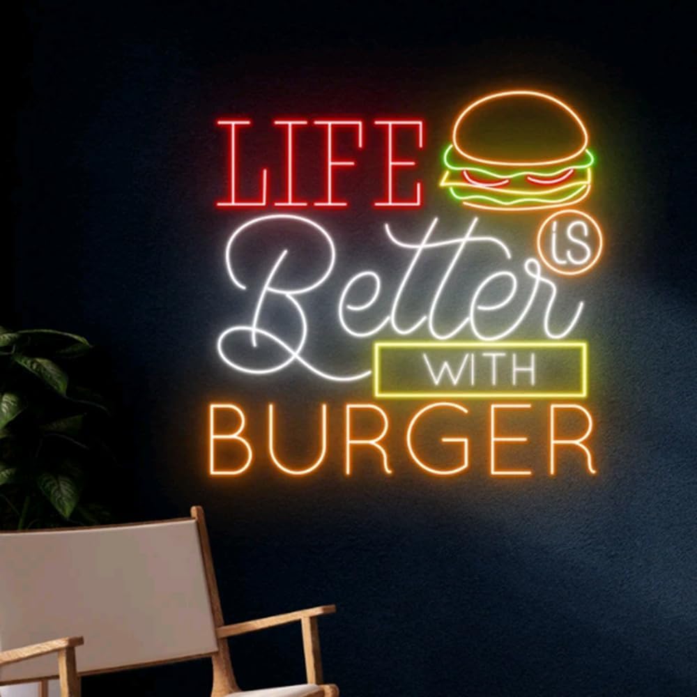 Life Is Better With Neon Burger Sign, Burgers Neon Light, Led Sign, Restaurant Wall Decor, Size:20inches