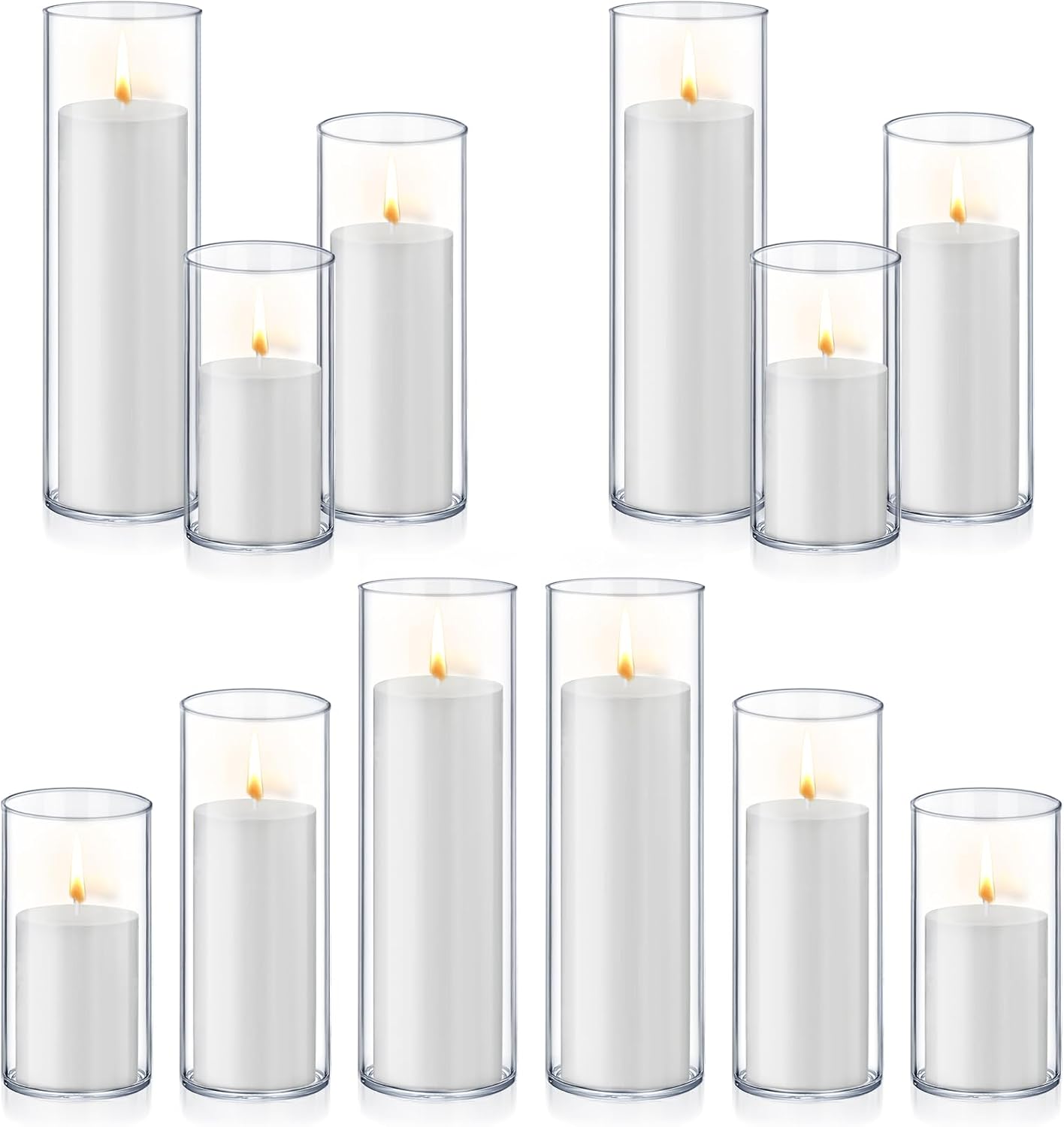 24 PCS White Pillar Candles with Glass Candle Holders Clear Hurricane Candle Holders Glass Cylinder Vases for Centerpieces Wedding Party, Event, Home Office (12 Candles+12 Candle Hoders)