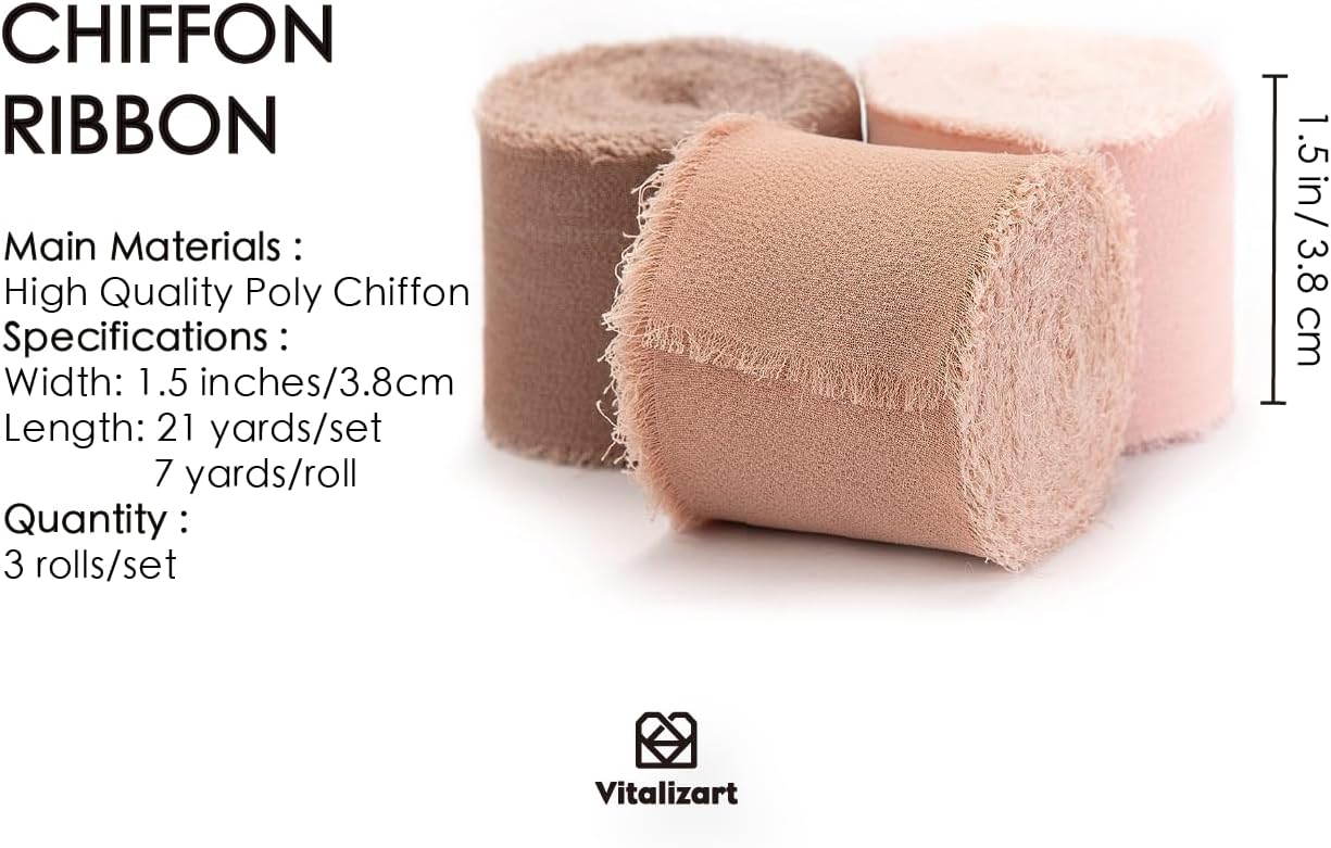 Vitalizart Dusty Rose Handmade Chiffon Silk Ribbon Fringe 1.5" x 21 Yd Frayed Edges Brown Ribbons for Wedding Invitations Bridal Bouquets Gifts Wrapping Crafts Holiday Party Decorations Nude Pink