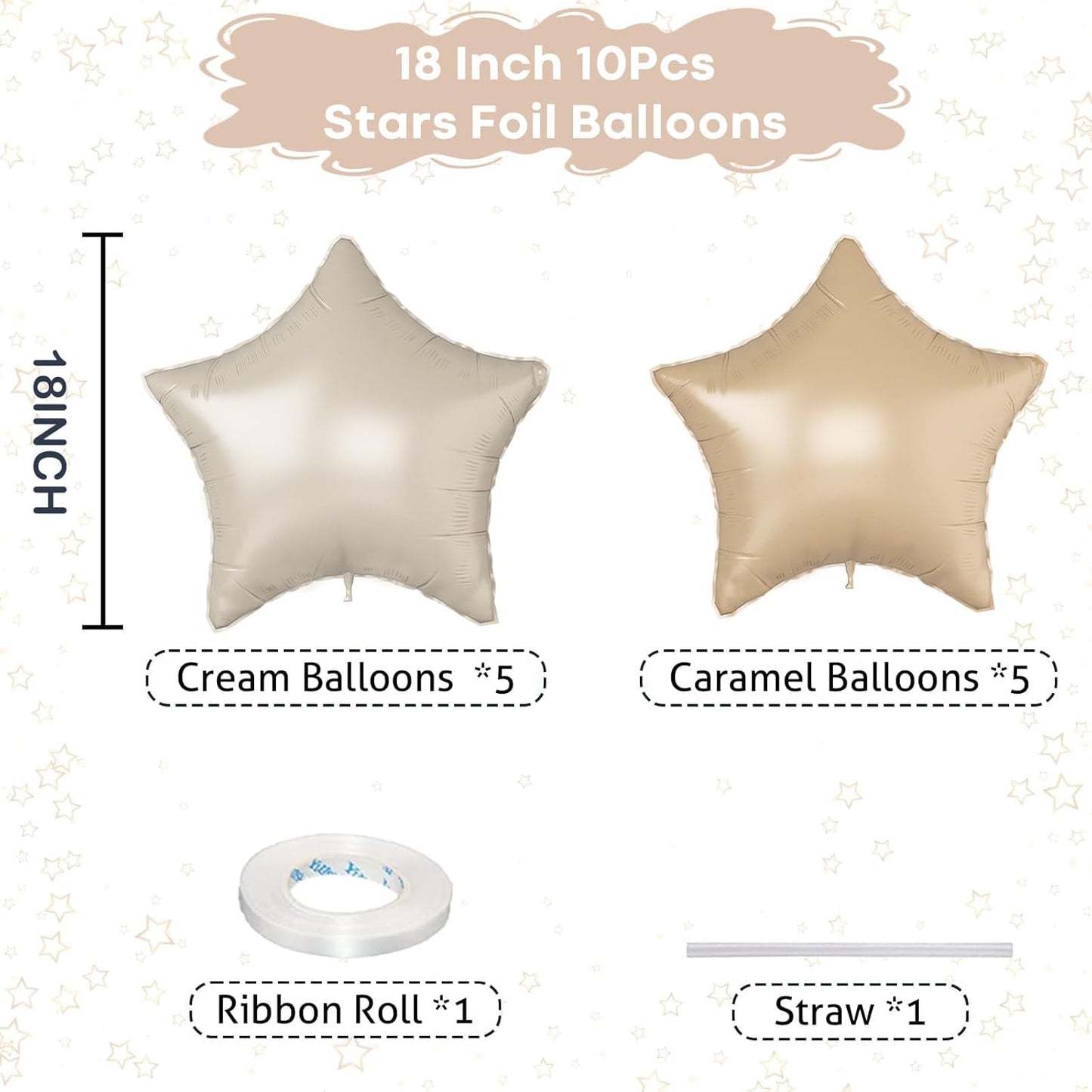 Cream Star Balloons, 18Inch Caramel Cream Stars Shape Foil Balloons, 12Pcs Beige Neutral Pentagram Foil Helium Balloon for Boho Party Girls Women Birthdays Wedding Bridal Baby Shower Party Decor