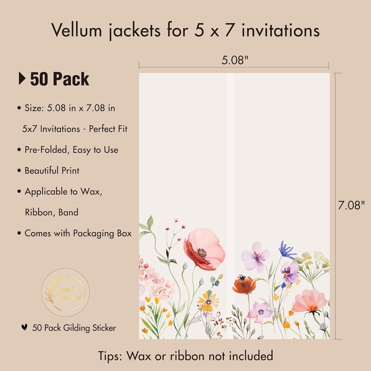 50 Pack Pre-Folded Vellum Jackets for 5x7 Invitations,AZAZA Pretty Translucent Invitation Sleeves,115GSM Vellum Jackets 5x7, Wedding Invitation AccessoriesFor, Weddings Birthdays,Wildflowers