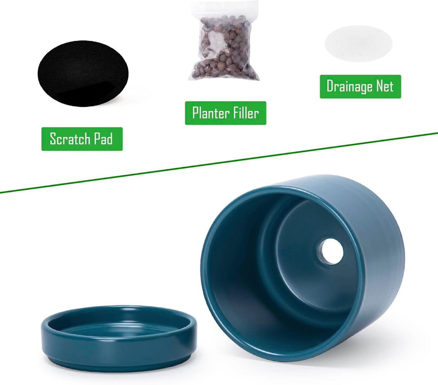 D'vine Dev Set of 4 Small Ceramic Plant Pots, 4.7 Inch Succulent Planter Pot for Plants with Drainage Hole and Saucer, Teal, 94-X-B-9