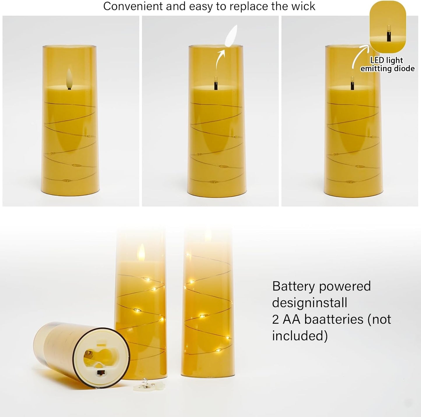 Flameless LED Candles with Timer 9 Pc Flickering Flameless Candles for Romantic Ambiance and Home Decoration Stable Acrylic Shell,with Embedded Star String，Battery Operated Candles（Gold）