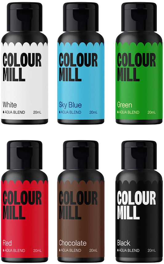 Colour Mill Aqua Blend Water-Based Food Coloring, 20 Milliliter Holiday Pack Each of 6 Colors: White, Sky Blue, Green, Black, Chocolate and Red Holiday Pack, 120.0 milliliters, 4.06 Fl Oz