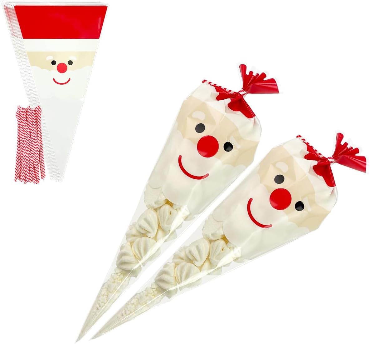 EKAPACKAGING 50Pcs 6.3x11.8 Inches Santa Print Cone Shaped Treat Bags with Ties, Christmas Clear Cellophane Bags, Party Favor Bags for Popcorn, Cookies, Cotton Candy, Gift, and Pretzel Rod
