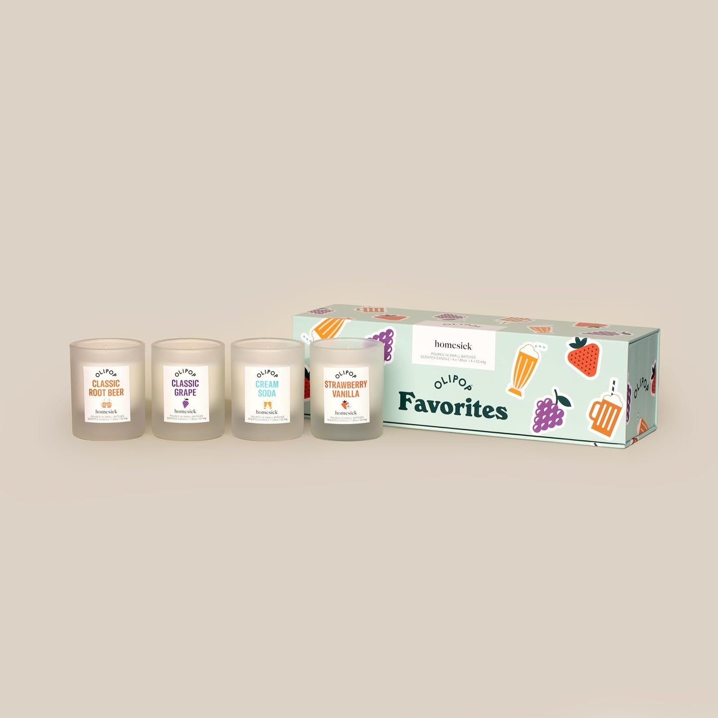 Homesick – Olipop Candle Variety 4-Pack – 1.85 oz Each Premium Scented Candles with Organic Cotton Wick, Natural Soy Wax Candle in Reusable Glass Jars, Wedding & Engagement Gifts for Couples