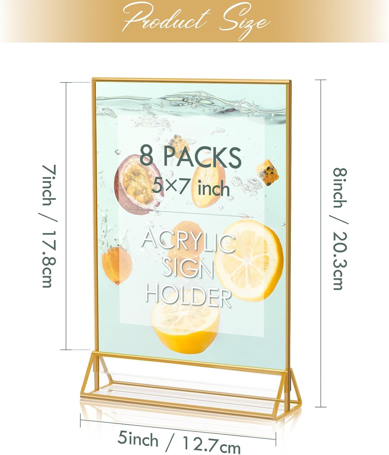 HOODO 8 Pack 5x7 Acrylic Table Number Holders with Golden Border, Double-Sided Clear Acrylic Sign Holder Gold Picture Frames Sign Holder, Vertical Stand (5"x7"-8 Pack)