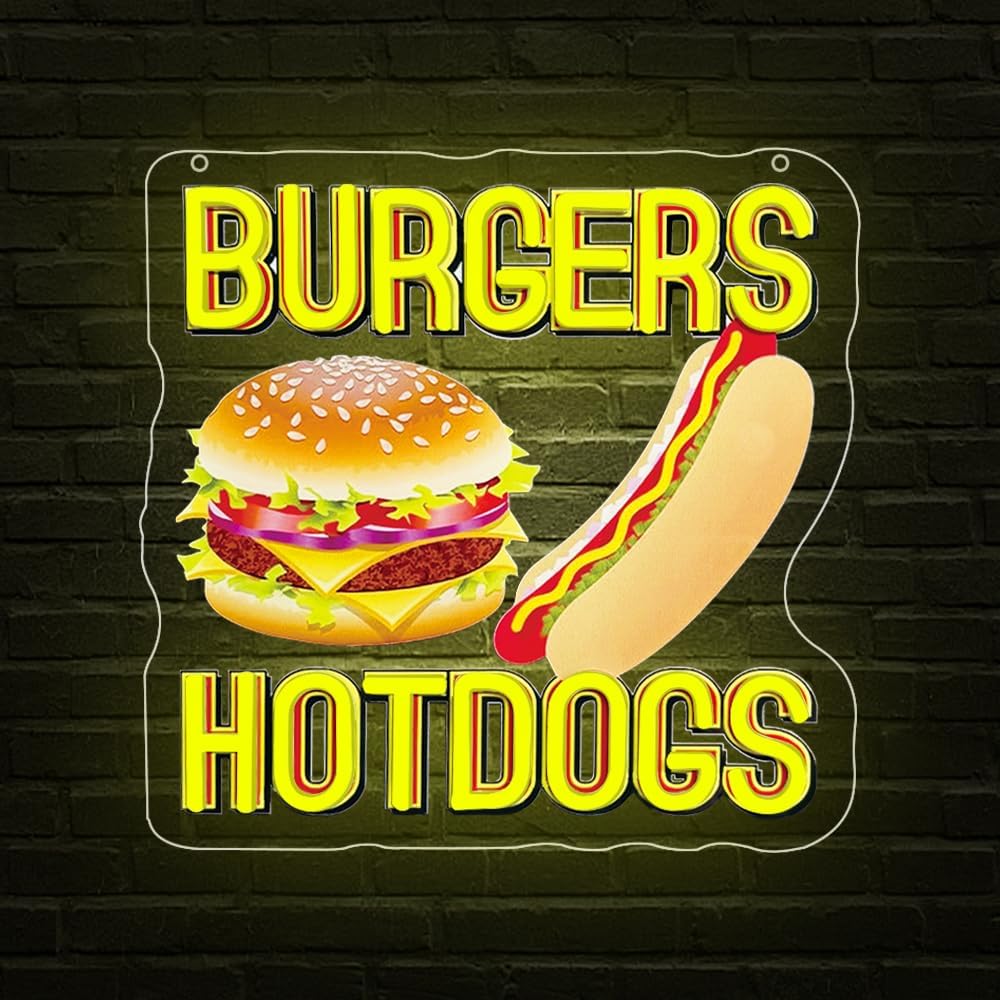 Hot Dogs Burgers Neon Signs for Wall Decor,Hot Dogs Led Neon Sign Party Decorations,Dimmable Hamburger Led Lights Sign for Business Food Restaurant Bar Birthday Party Decor,Hot Dog Shop Decor