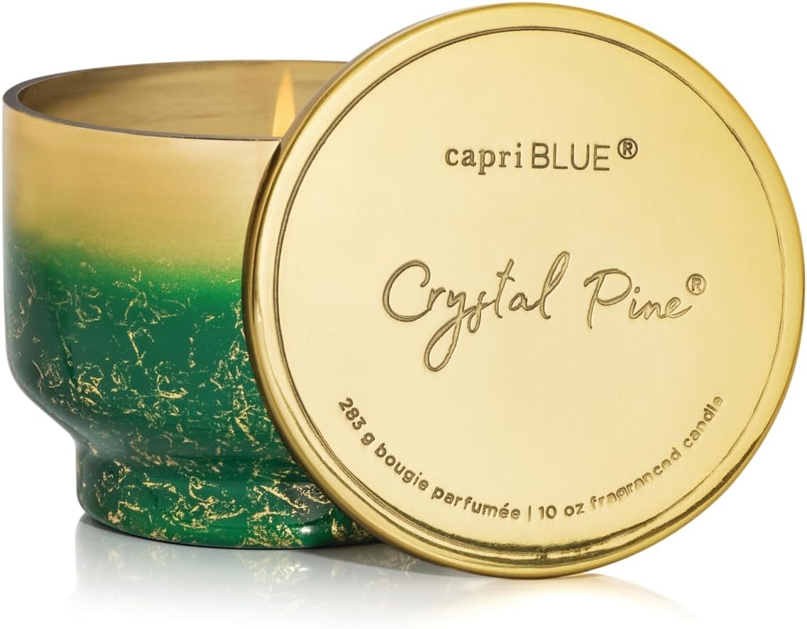 Capri Blue Crystal Pine Scented - Glimmer Inverted Jar Candles - Soy Candles - Holiday Candle with Emerald Green & Gold Ombre Glass Candle Holder (10 oz)