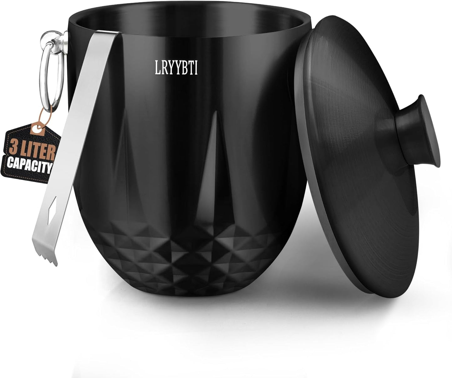 3L Ice Buckets for Parties and Cocktail Bar with Stainless Steel Lid,Tongs & Strainer(Black) Double-Wall Insulated Metal Ice Bucket Keep Ice Frozen Longer for Outdoor Champagne Ice Container Bin