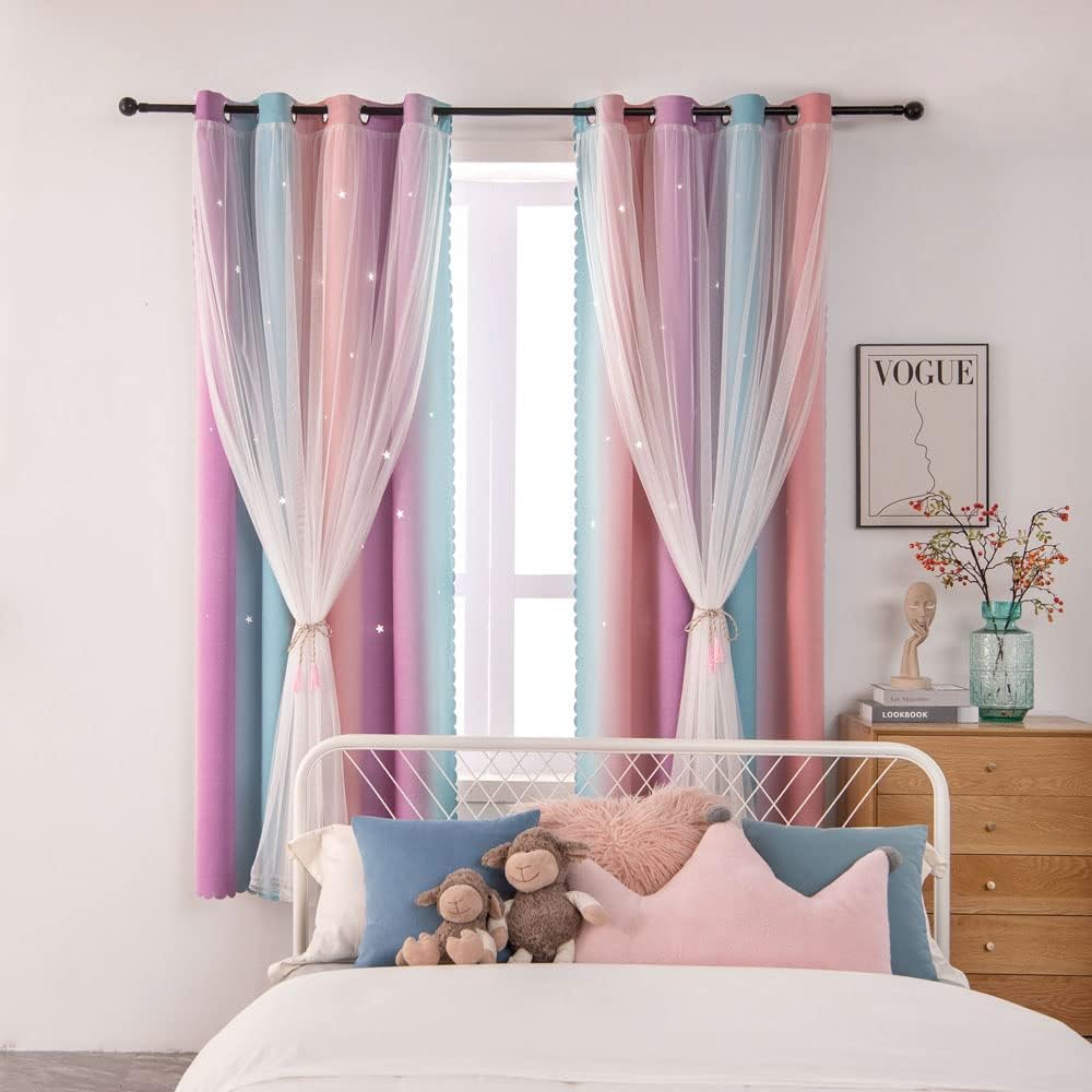 FANLI Ombre Rainbow Blackout Curtains for Kid Girls Bedroom Living Room Darking Stripe Double Layer Star Cut Out Wall Home Decor Gradient Grommet Window Curtains (Pink Purple, 52W x 72L)
